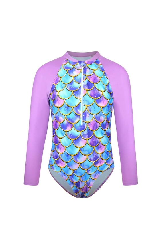 Girls Swimsuit, Girls Long Sleeve Rash Guard Swimsuit Sun Surfing Bathing Suit with Gradient Fish Scale Design 8-9 Years Purple