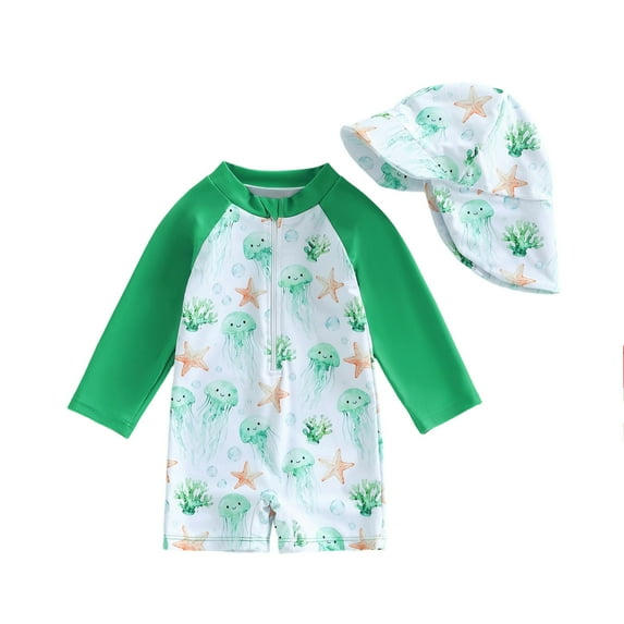 Zylarhe Girls Swimsuit Toddler Boys Full Print Rash Guard Swimwear Set With Matching Sun Hat For Kids Swim And Beach Green 6-12 Months