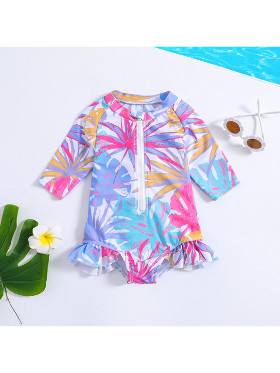 Girls Swimsuit, Toddler Girls Long Sleeve Surf Swimwear with Elegant Leaf Prints and Delicate Ruffle Design for Summer Beach 6-12 Months Purple