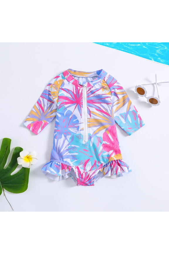 Girls Swimsuit, Toddler Girls Long Sleeve Surf Swimwear with Elegant Leaf Prints and Delicate Ruffle Design for Summer Beach 6-12 Months Purple