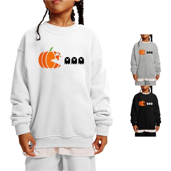 Zylarhe Halloween Sweatshirts for Kids Children Boy Girl Pumpkin Printing Crewneck Pullover Sweater Long Sleeve Fall White 12-13 Years