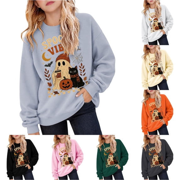 Zylarhe Halloween Sweatshirts for Kids Halloween Graphic Hoodie for Girls Cozy Sweatshirt Playful Design Autumn Wear Light Gray 2-3 Years