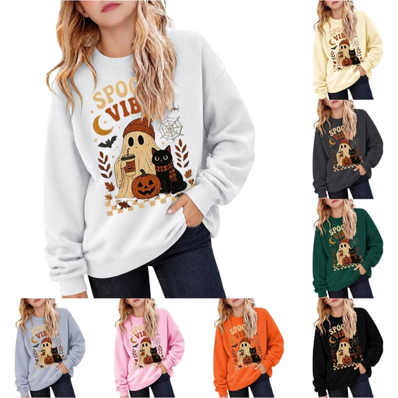 Zylarhe Halloween Sweatshirts for Kids Halloween Graphic Hoodie for Girls Cozy Sweatshirt Playful Design Autumn Wear White 7-8 Years