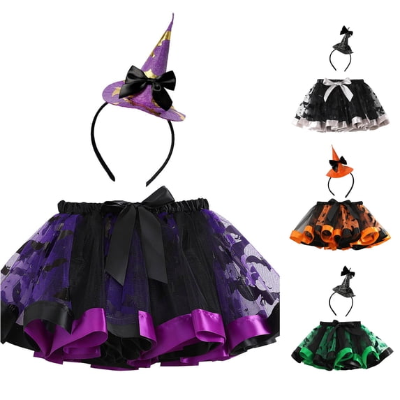 Zylarhe Kids Girls Ballet Skirts Hallowmas Party Prints Tulle Dance Skirt Hairband Set Dark Purple 4-5 Years