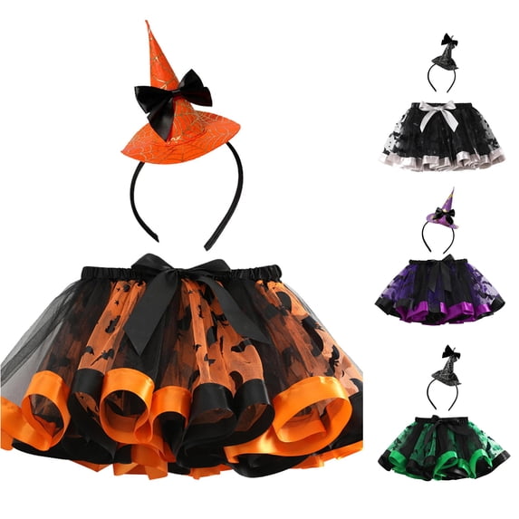 Zylarhe Kids Girls Ballet Skirts Hallowmas Party Prints Tulle Dance Skirt Hairband Set Orange 2-3 Years