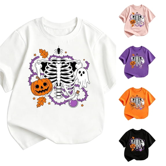 Zylarhe Kids Halloween T Shirt Short Sleeve Crewneck for Boys Girls Casual Summer Fashion with Cute Print White 3-4 Years