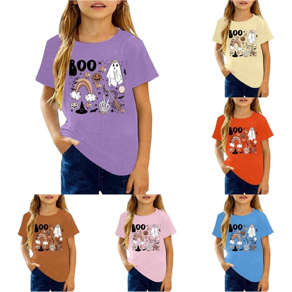 Zylarhe Kids Halloween Tops Children Fashionable Casual Letter Round Neck Short Sleeve T Shirt for Fall Purple 10-11 Years