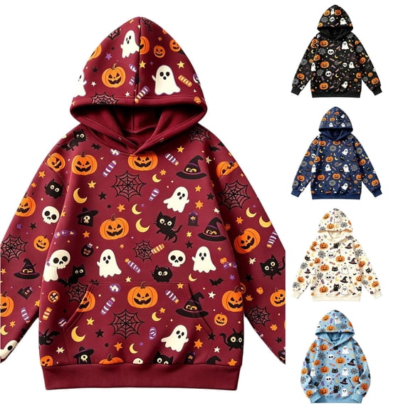 Zylarhe Kids Halloween Tops Hoodie with Front Pocket for Boys Cozy Sweatshirt Seasonal Comfort Red 11-12 Years