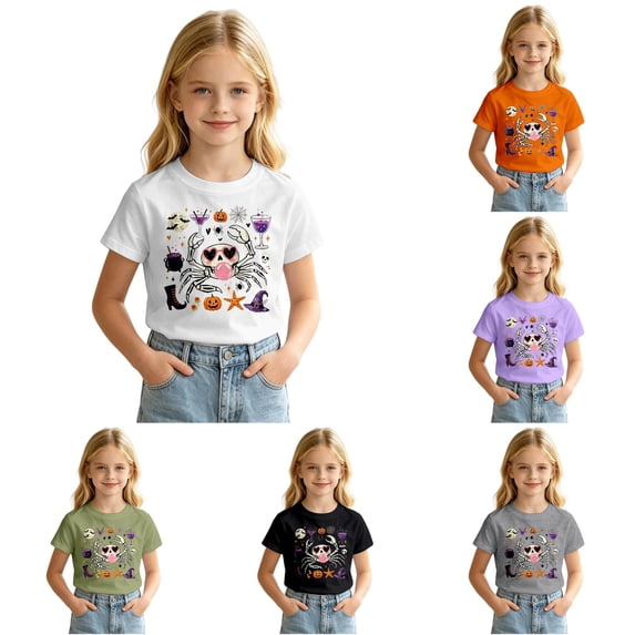Zylarhe Kids Halloween Tops Whimsical Halloween Print Girls Top Cute Short Sleeve T Shirt for Seasonal Play White 12-13 Years