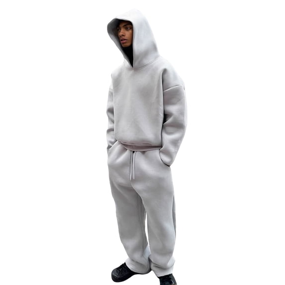 Zylarhe Male Casual Solid Two Piece Hooded Sports Suit Pocket Raglan Sleeve Hoodies Drawstring Pant Set Suit Jacket for Big Men