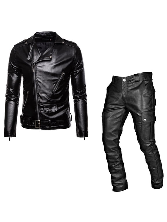 Male Punk Casual Suit Leather Leather Pants Set Of Two Postman Suit