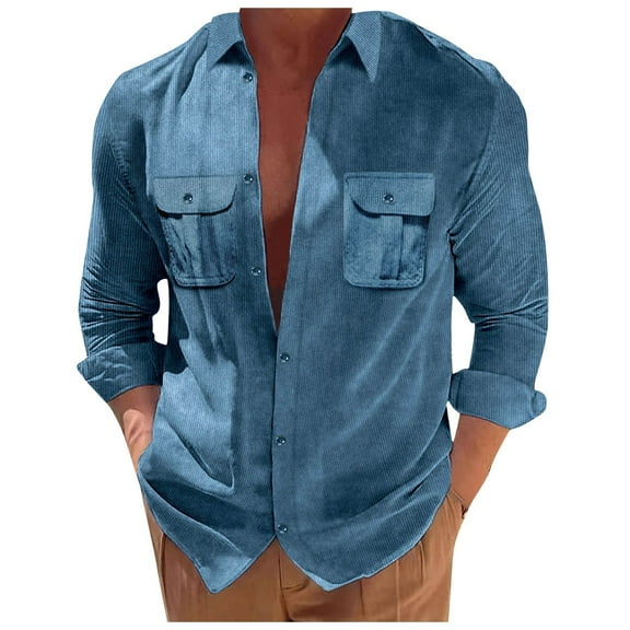 Zylarhe Men T Shirts Male Autumn And Winter Corduroy Long Sleeve Jacket Lapel Double Pocket Solid Color Button Down Cargo Jacket with Button