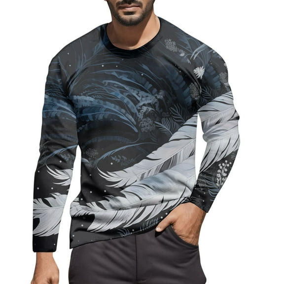 Zylarhe Men T Shirts Male Autumn And Winter Fashion Printed Round Neck Long Sleeve T Shirt Retro Full Print Tops Tee for Men
