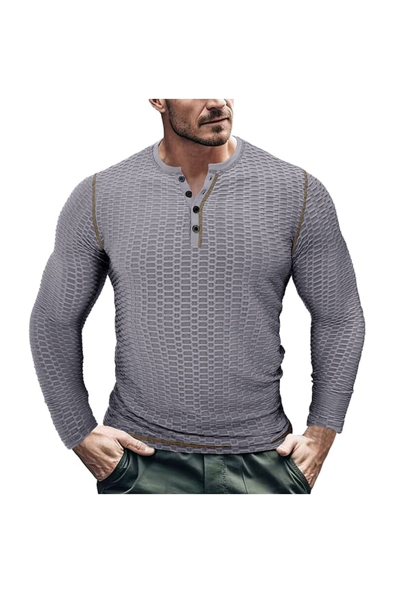Men T Shirts Male Long Sleeve T Shirt Bottoming Shirt Solid Color Jacquard Button Collarless Top Set Shirt for Men