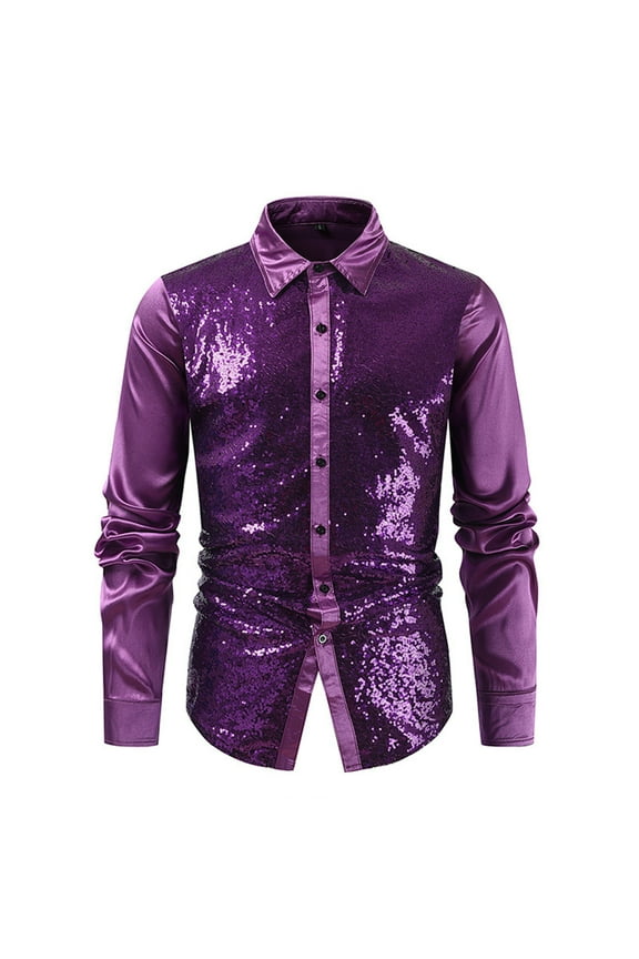 Men T Shirts Men's Club Solid Color Gold Hot Sequin Fashion Personality Long Sleeve Shirt Button up Shirt Men