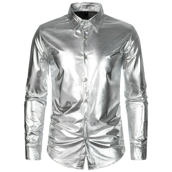 Zylarhe Men T Shirts Mens Casual Spring And Autumn Fashion Solid Satin Lapel Pocket Button Top Shirt Dress Shirt