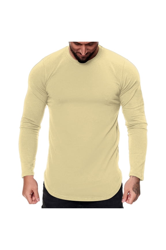 Men T Shirts Mens Fashion Casual Sports Fitness Outdoor Curved Hem Solid Color Round Neck T Shirt Long Sleeve Top Microfiber Tee Shirts for Men