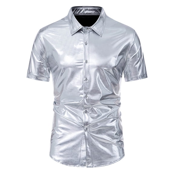 Zylarhe Men T Shirts Mens Shirt New Glossy Nightclub Disco Short Sleeved Shirt Fashion Button