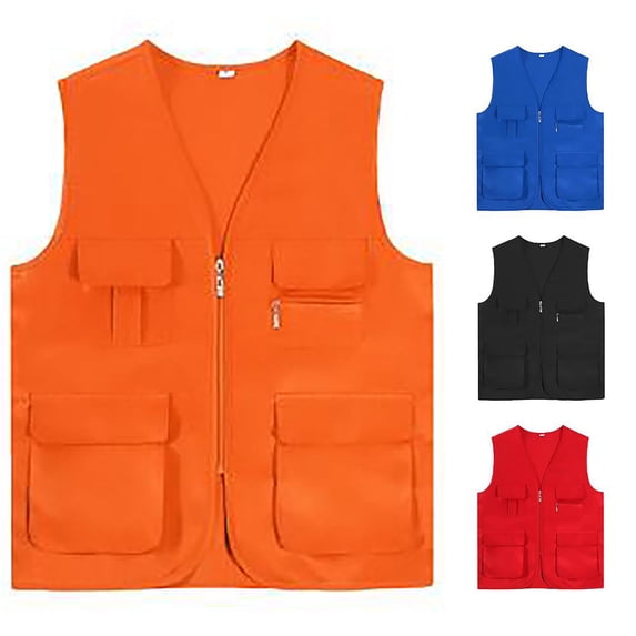 Zylarhe Men's Fishing Vest Outdoor Field Emergency Pocket Jacket for Adventure Work Orange XXXL