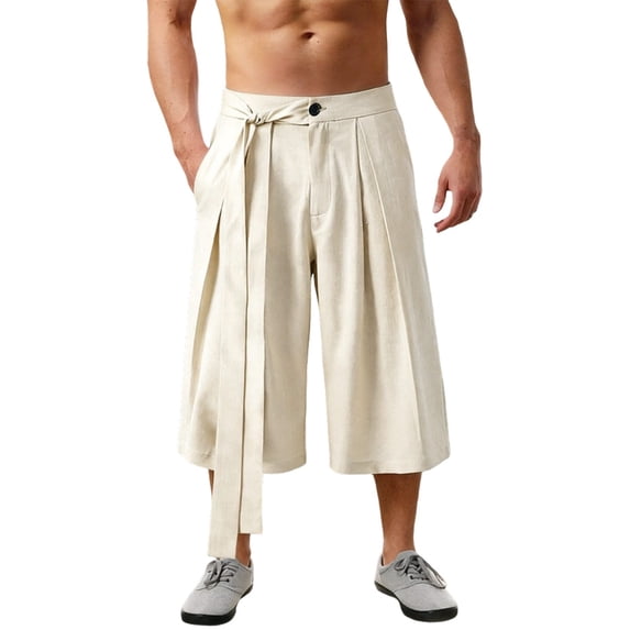 Zylarhe Men's Pants, Summer Casual Trousers Lightweight Flowy Wide Leg Cropped Pants With And Pleats For Comfort Big Beige XXL