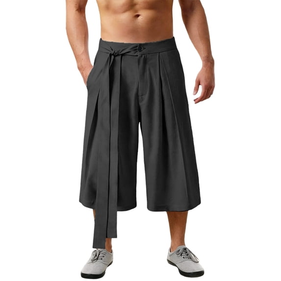 Zylarhe Men's Pants, Summer Casual Trousers Lightweight Flowy Wide Leg Cropped Pants With And Pleats For Comfort Big Black L