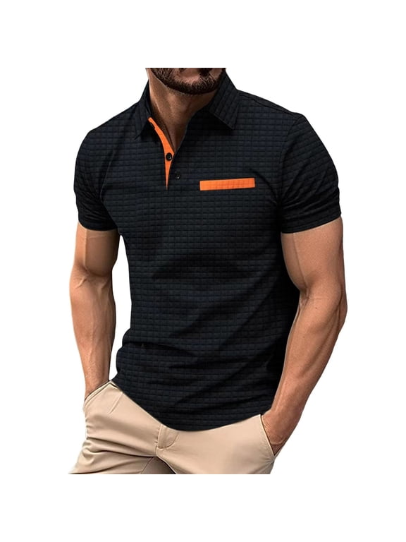 Men's Polo Shirts, Male Spring And Summer Plaid Short Sleeve T Shirt Solid Color Lapel Pocket Bottoming Shirt Top Mod Bod Tops Black S