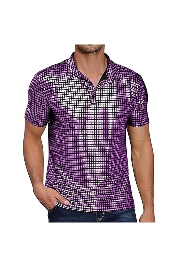 Men's Polo Shirts, Men's Casual Short Sleeve Lapel Shirt 70 Disco Nightclub Party T Shirt Shirt Purple XXL