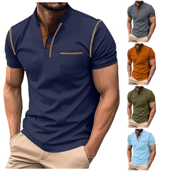 Zylarhe Men's Polo Shirts, Men's Short Sleeve Shirt Summer Casual Solid Holiday Tops Dark Blue XXXL