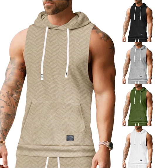 Zylarhe Men's Slim Sleeveless Lightweight Hoodie Sweatshirt Vest Khaki XXL