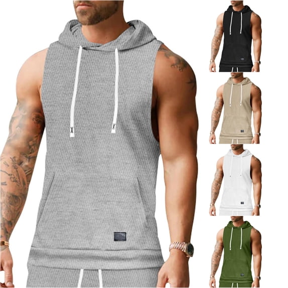 Zylarhe Men's Slim Sleeveless Lightweight Hoodie Sweatshirt Vest Light Gray L