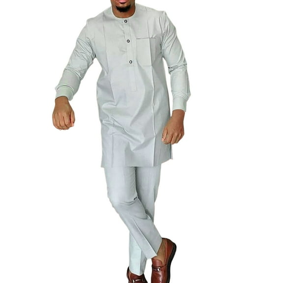 Zylarhe Men's Solid Colour Long Sleeve Long Pants Festival African Ethnic Casual 2 Piece Set Jackets Suits for Men
