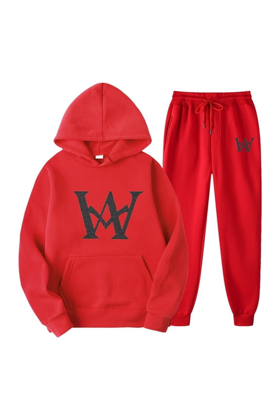 Men's W Print Track And Field Suit 2 Piece Hooded Sports Casual Running Jogging Set 46r Suit
