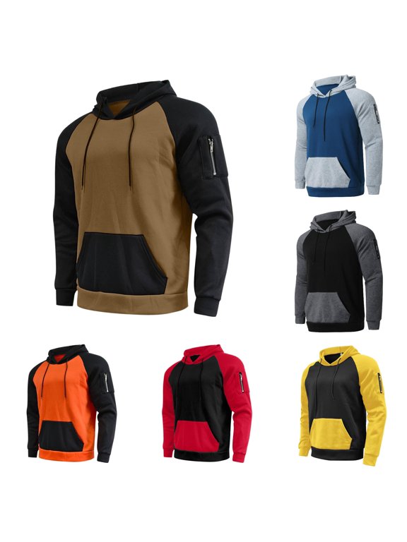 Mens Hooded Sweatshirt Male Casual Patchwork Hoodies Raglan Sleeve Drawstring Long Sleeve Pocket Hooded Blouse with Unique Patchwork E XXL