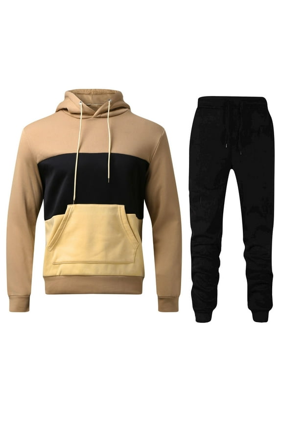 Mens Pullover Drawstring Hooded Color Block With Pocket Hooded Sweatshirt Two Piece Set Wool Suite