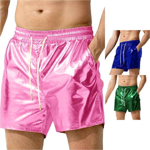 Zylarhe Mens Shorts Athletic Men Casual Metallic Shiny Short Pants With Pockets Red M