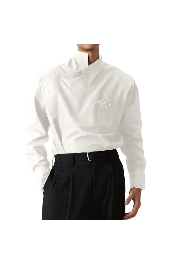 Mens Summer Shirts, Autumn Irregular Lapel French Menswear Show Button Long Sleeve Shirt White S