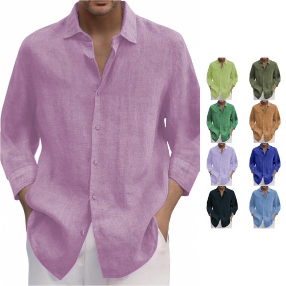 Zylarhe Mens Summer Shirts, Men 3/4 Sleeve Spring Summer Solid Casual Lapel Long Shirt Light Purple XXL