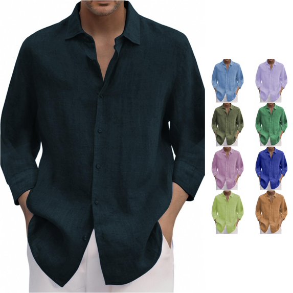 Zylarhe Mens Summer Shirts, Men 3/4 Sleeve Spring Summer Solid Casual Lapel Long Shirt Navy L