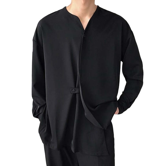 Zylarhe Mens Summer Shirts, Men Autumn Casual Loose Irregular Collarless Long Sleeve Shirt Blouse Black XXXL