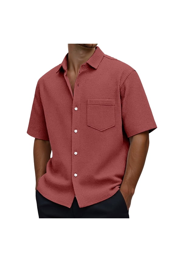 Mens Summer Shirts, Men Breathable Summer Casual Loose Fit Short Sleeve Knit Texture Shacket Shirt For Everyday Wear Red S