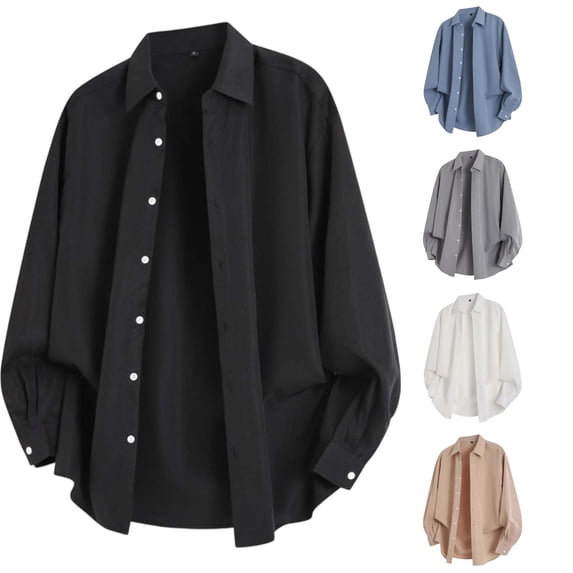 Zylarhe Mens Summer Shirts, Men Casual Loose Autumn Trend Solid Shirt Long Sleeve Button Down Tops Black XXL