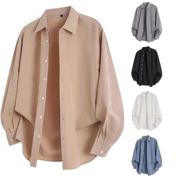 Zylarhe Mens Summer Shirts, Men Casual Loose Autumn Trend Solid Shirt Long Sleeve Button Down Tops Khaki XXL