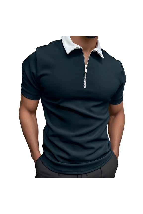 Mens Summer Shirts, Men Casual Soild Zipper Top Shirt Turn Down Collar Blouse Short Sleeve Top Shirt Fashion Casual Shirt Formal Shirt Navy XXL