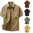 thumbnail image 1 of Zylarhe Mens Summer Shirts, Men Short Sleeve Button Down Casual Work Shirt Nylon Woven Multiple Pockets Loose Fit Spring Summer Fall Daily Wear Khaki XXXXL, 1 of 9