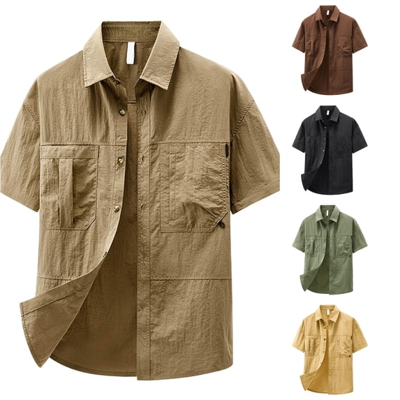 Zylarhe Mens Summer Shirts, Men Short Sleeve Button Down Casual Work Shirt Nylon Woven Multiple Pockets Loose Fit Spring Summer Fall Daily Wear Khaki XXXXL