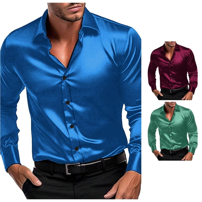 blue dress shirt amazon Zylarhe Mens Summer Shirts, Men Stretch Shirts Formal Wedding Prom Long Sleeve Slim Fit Button Down Red XXL fabric: viscose