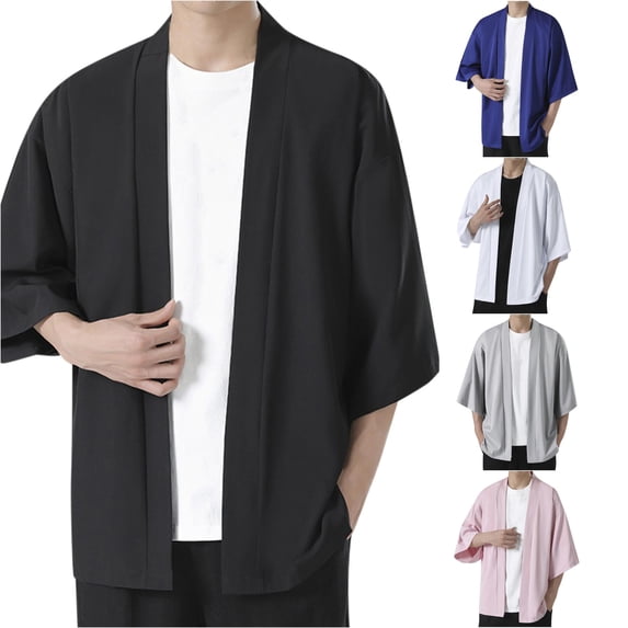 Zylarhe Mens Summer Shirts, Men Summer Kimono Shirt Solid Half Sleeve Elegant Top Off Shoulder Loose Soft Cardigan Black M