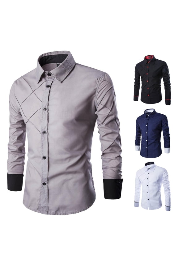 Mens Summer Shirts, Mens Long Sleeve Shirt Design Sense Grid Line Casual Solid Color Button Down Slim Fit Woven Grey XL