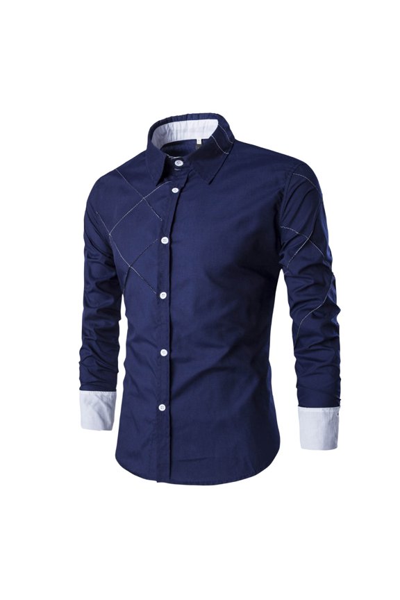 Mens Summer Shirts, Mens Long Sleeve Shirt Design Sense Grid Line Design Casual Solid Color Summer Tee Navy M