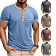 thumbnail image 1 of Zylarhe Mens Tshirt, Color Blocked Button Open Neck Pocket Men Casual Loose Comfortable Solid Round Short Sleeved T Shirt Blue L, 1 of 6